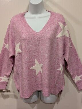 Dreamers Pink & White Stars V-Neck Sweater Women's S BRANF NEW W/ TAG